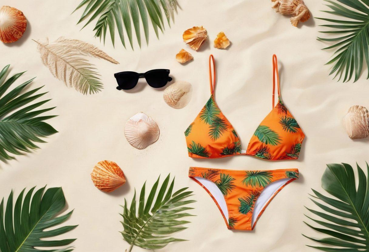 A stylish flat lay of vibrant swimwear showcasing the latest bikini designs, surrounded by beach accessories like sunglasses, flip-flops, and a tropical drink. The setting includes a sun-drenched beach background with soft sand and gentle waves. Bright colors and playful patterns should dominate the scene, emphasizing the trendiness of the swimwear. Incorporate elements like palm leaves and seashells to enhance the tropical vibe. super-realistic. vibrant colors. white background.
