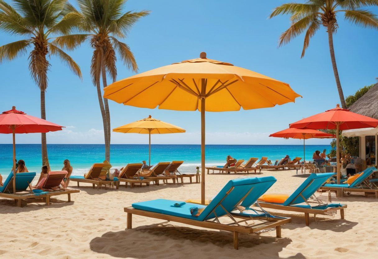 A vibrant summer beach scene featuring diverse models showcasing trendy bikinis from top brands, set against a backdrop of sand, sun, and the ocean. Add colorful beach umbrellas, accessories like sunglasses and beach hats, along with a stylish beach bar in the distance. Incorporate bright colors and an uplifting atmosphere to evoke summer vibes. super-realistic. vibrant colors. sunny beach setting.